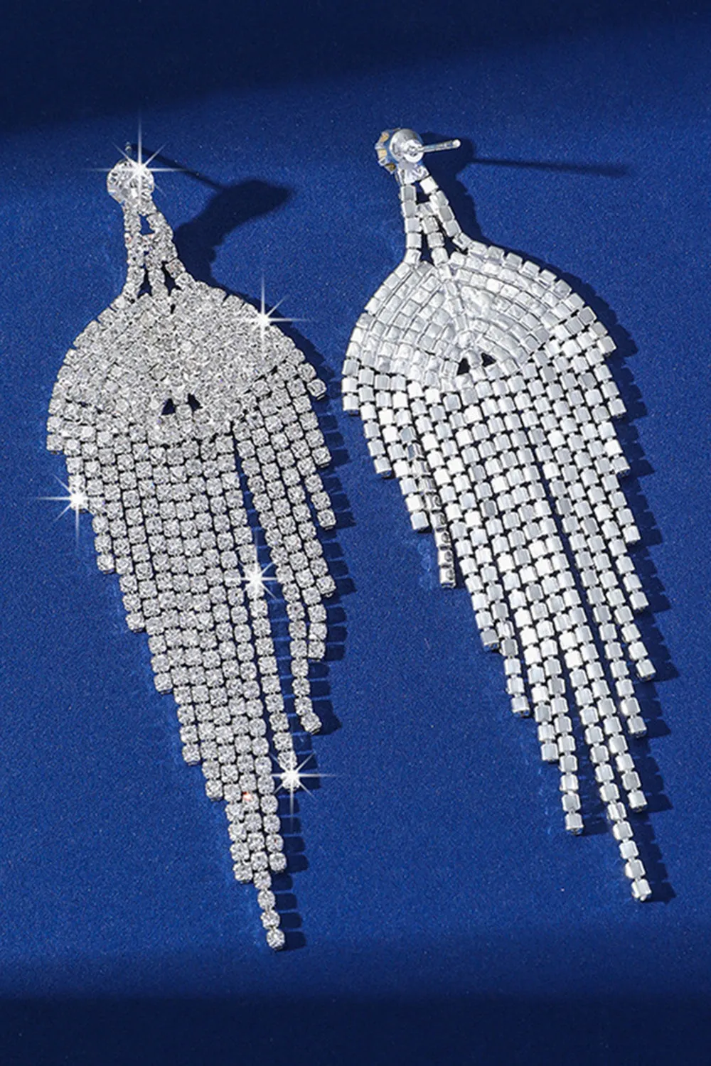 Silver Tassel Long Rhinestones Earrings sold by Wedtrend product image thumbnail 3