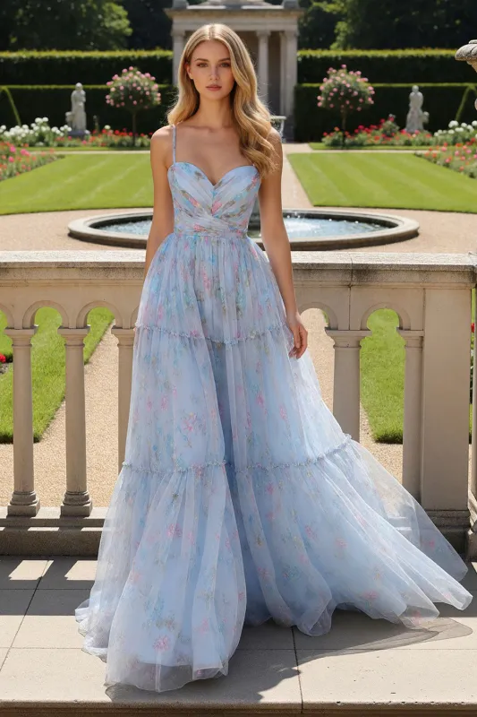 Blue Flower A-Line Spaghetti Straps Pleated Print Tulle Long Prom Dress made by Wedtrend