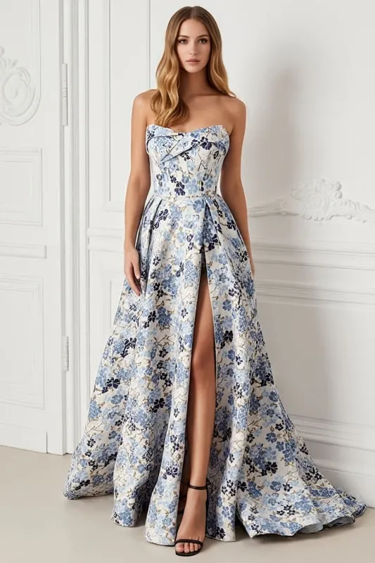 Strapless Blue Flower Print A Line Satin Jacquard Long Prom Dress with Slit sold by Wedtrend