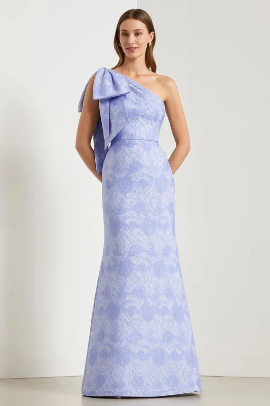 Light Blue One-Shoulder Mermaid Satin Long Jacquard Dress with Large Bow sold by Wedtrend