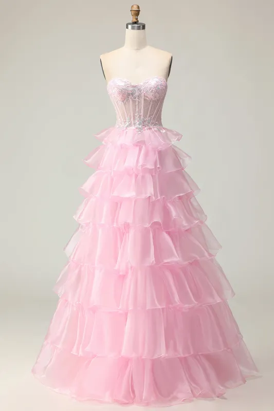 Pink Princess Sweetheart Corset Tiered Sequins Long Prom Dress with Lace Up Back sold by Wedtrend