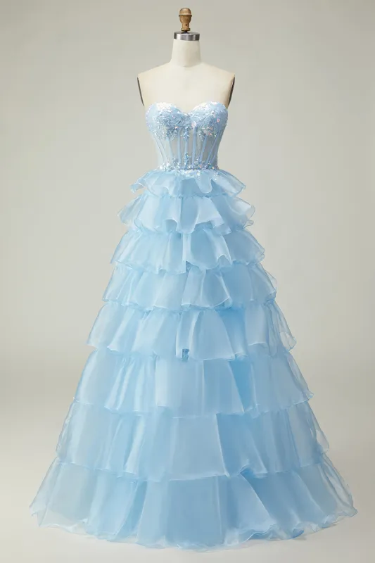 Blue Sweetheart Sequins Corset Tiered Long Princess Prom Dress with Lace Up Back made by Wedtrend