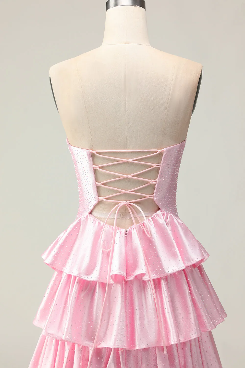 Pink A Line Sweetheart Beaded Tiered Ruffle Cut Out Long Prom Dress with Slit sold by Wedtrend product image thumbnail 5