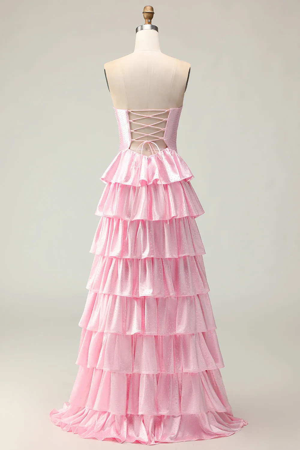Pink A Line Sweetheart Beaded Tiered Ruffle Cut Out Long Prom Dress with Slit sold by Wedtrend product image thumbnail 2