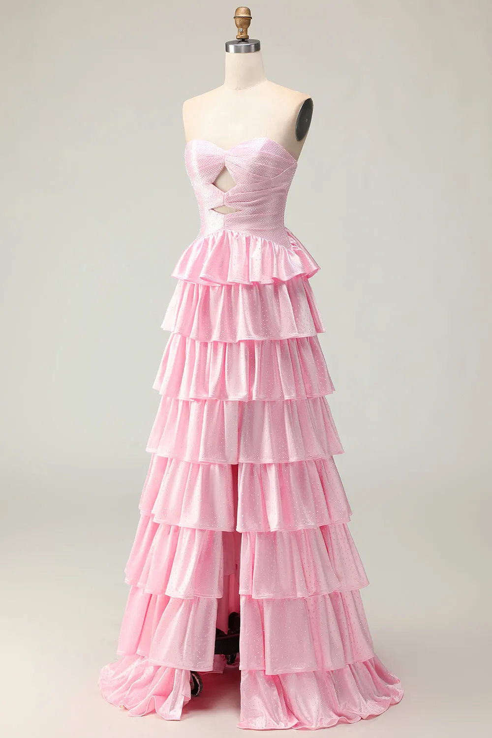 Pink A Line Sweetheart Beaded Tiered Ruffle Cut Out Long Prom Dress with Slit sold by Wedtrend product image thumbnail 3