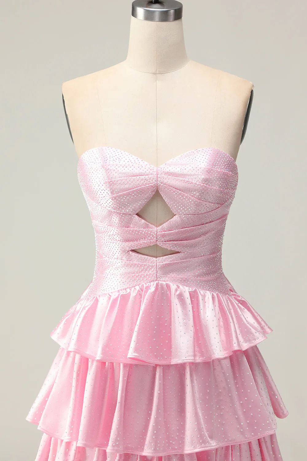 Pink A Line Sweetheart Beaded Tiered Ruffle Cut Out Long Prom Dress with Slit sold by Wedtrend product image thumbnail 4