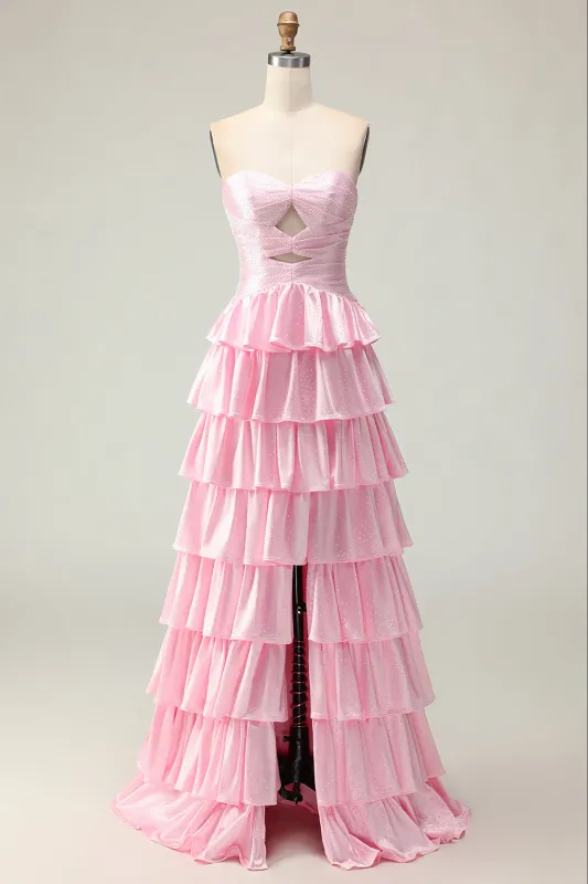Pink A Line Sweetheart Beaded Tiered Ruffle Cut Out Long Prom Dress with Slit made by Wedtrend