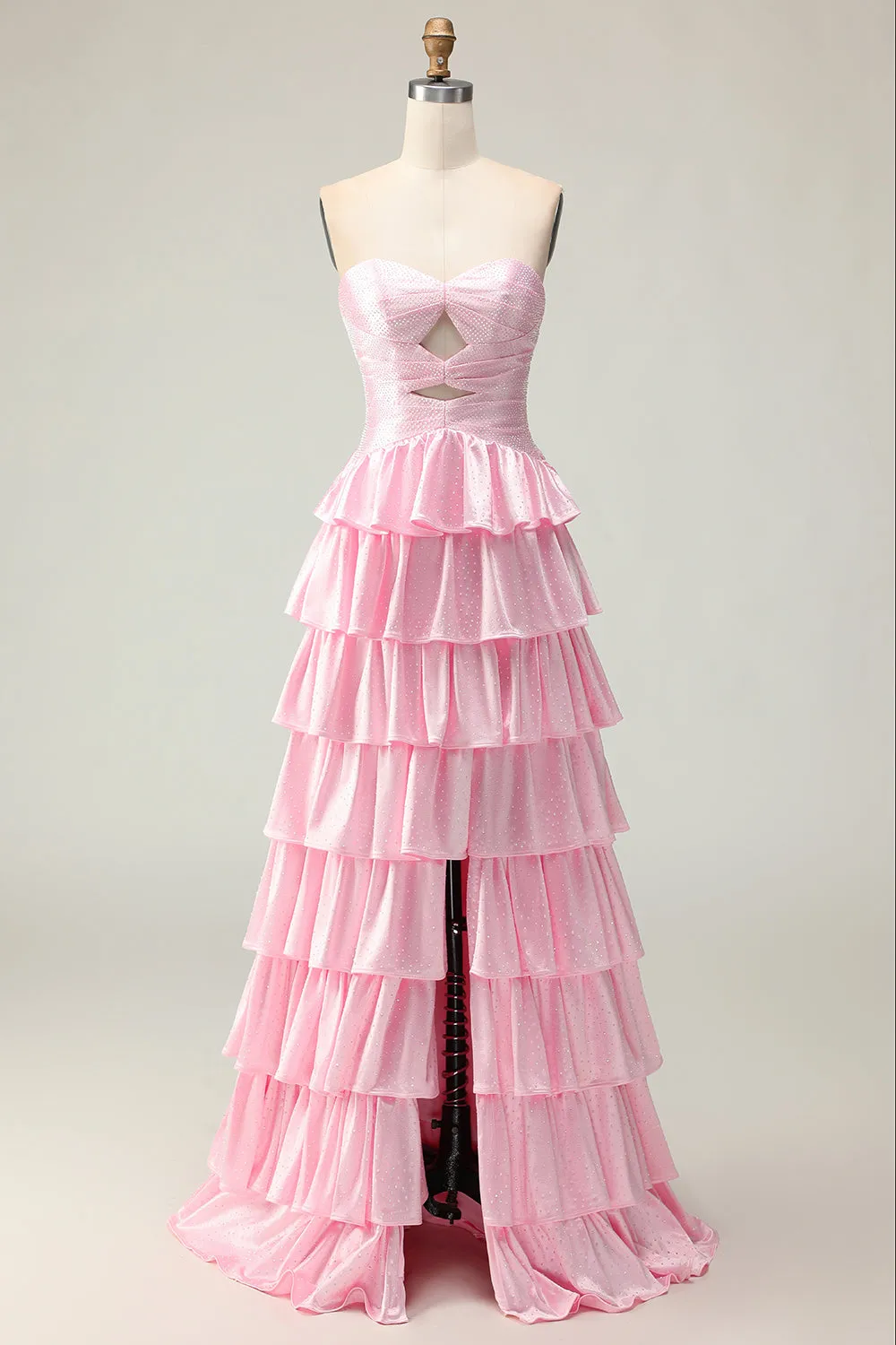 Pink A Line Sweetheart Beaded Tiered Ruffle Cut Out Long Prom Dress with Slit sold by Wedtrend