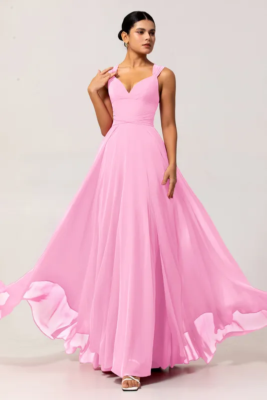Blush Pink A Line Ruched Backless Convertible Chiffon Long Bridesmaid Dress with Slit made by Wedtrend