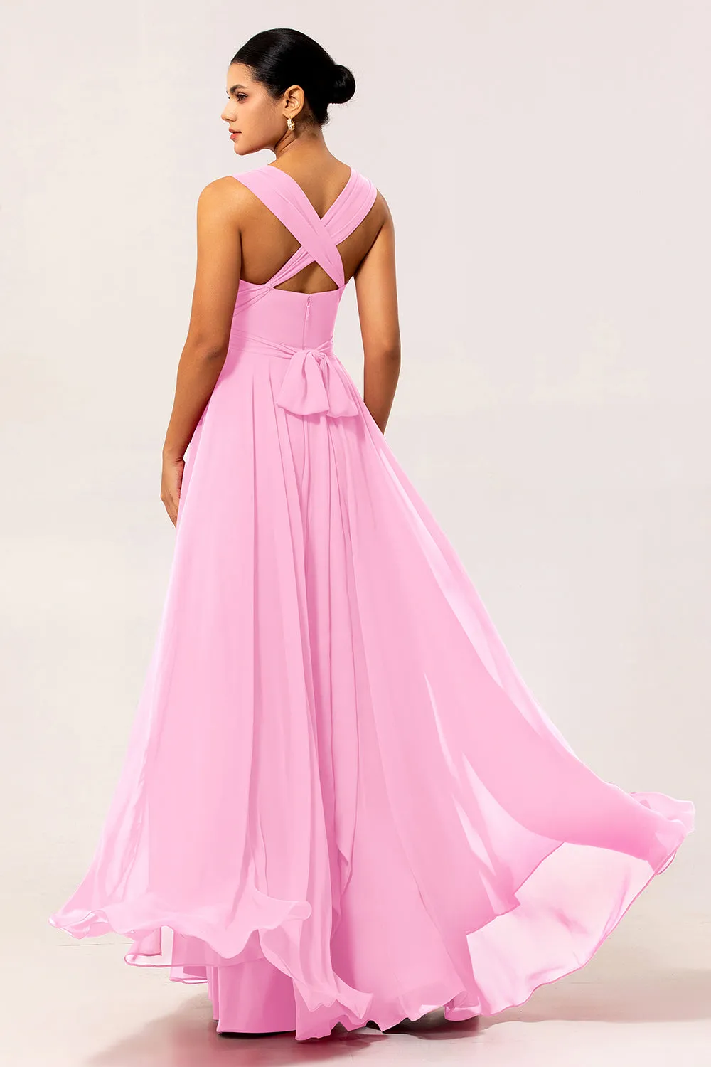 Blush Pink A Line Ruched Backless Convertible Chiffon Long Bridesmaid Dress with Slit sold by Wedtrend product image thumbnail 2