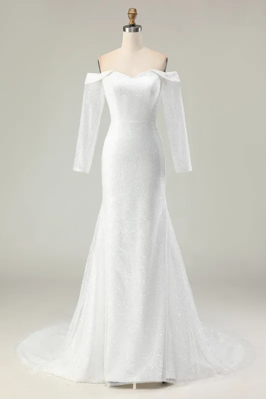 Off The Shoulder Mermaid Long Sleeves White Wedding Dress with Sequins made by Wedtrend