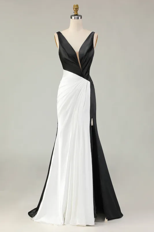 Black and White Mermaid Ruched V-Neck Long Gala Dress with Slit made by Wedtrend