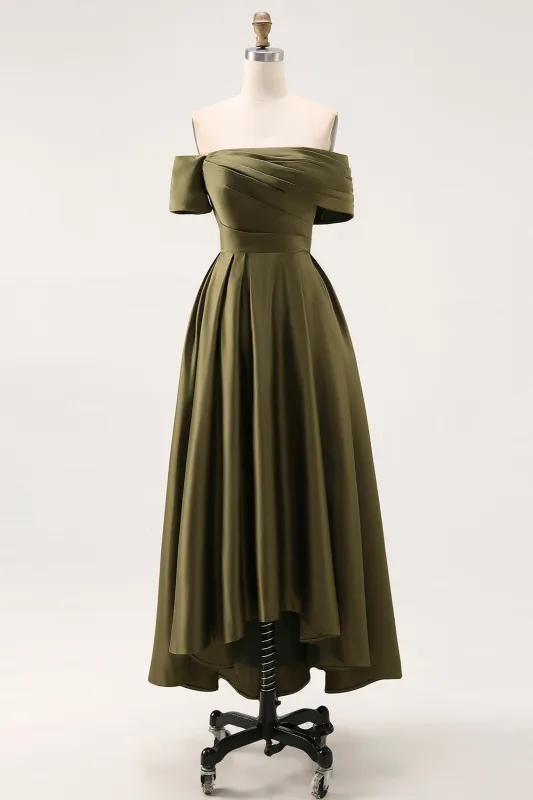 Olive A-Line Off The Shoulder Ruched Satin Long Mother of the Bride Dress sold by Wedtrend
