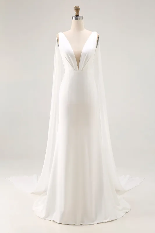 Ivory Mermaid V-Neck Satin Long Wedding Dress with Watteau Train made by Wedtrend