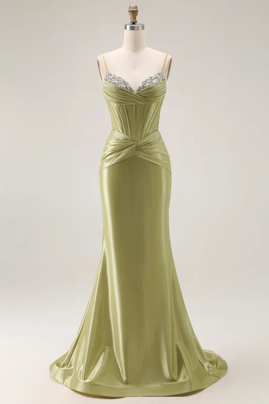 Green Mermaid Corset Lace Up Back Ruched Long Prom Dress with Rhinestones made by Wedtrend