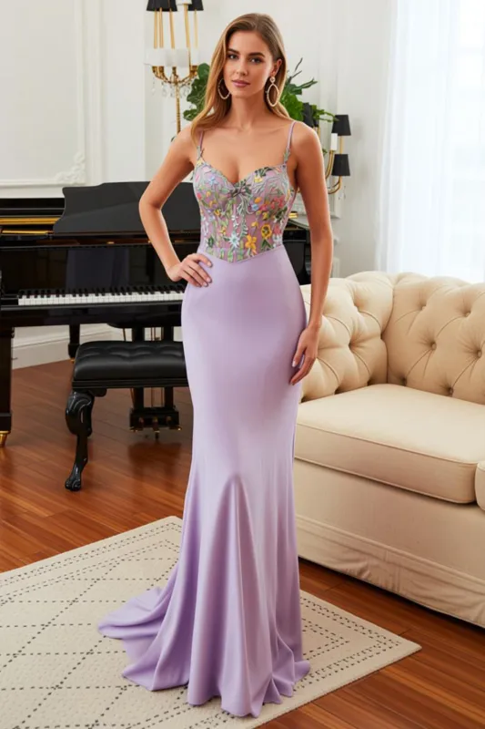 Lilac Mermaid Satin Spaghetti Straps Long Prom Dress with Appliques made by Wedtrend