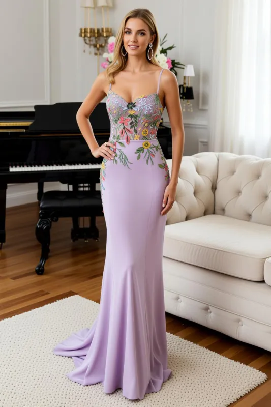 Lilac Mermaid Satin Spaghetti Straps Long Prom Dress with Embroidery sold by Wedtrend