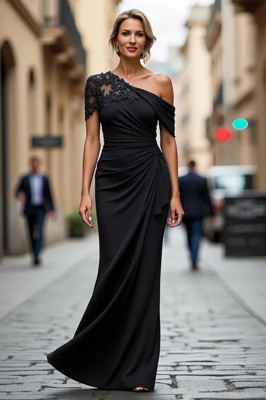 Black One Shoulder Sheath Ruched Mother Of The Bride Dress with Beading made by Wedtrend