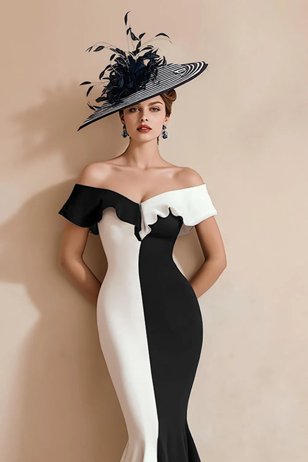 Black and White Off The Shoulder Mermaid Long Mother of the Bride Dress sold by Wedtrend product image thumbnail 3