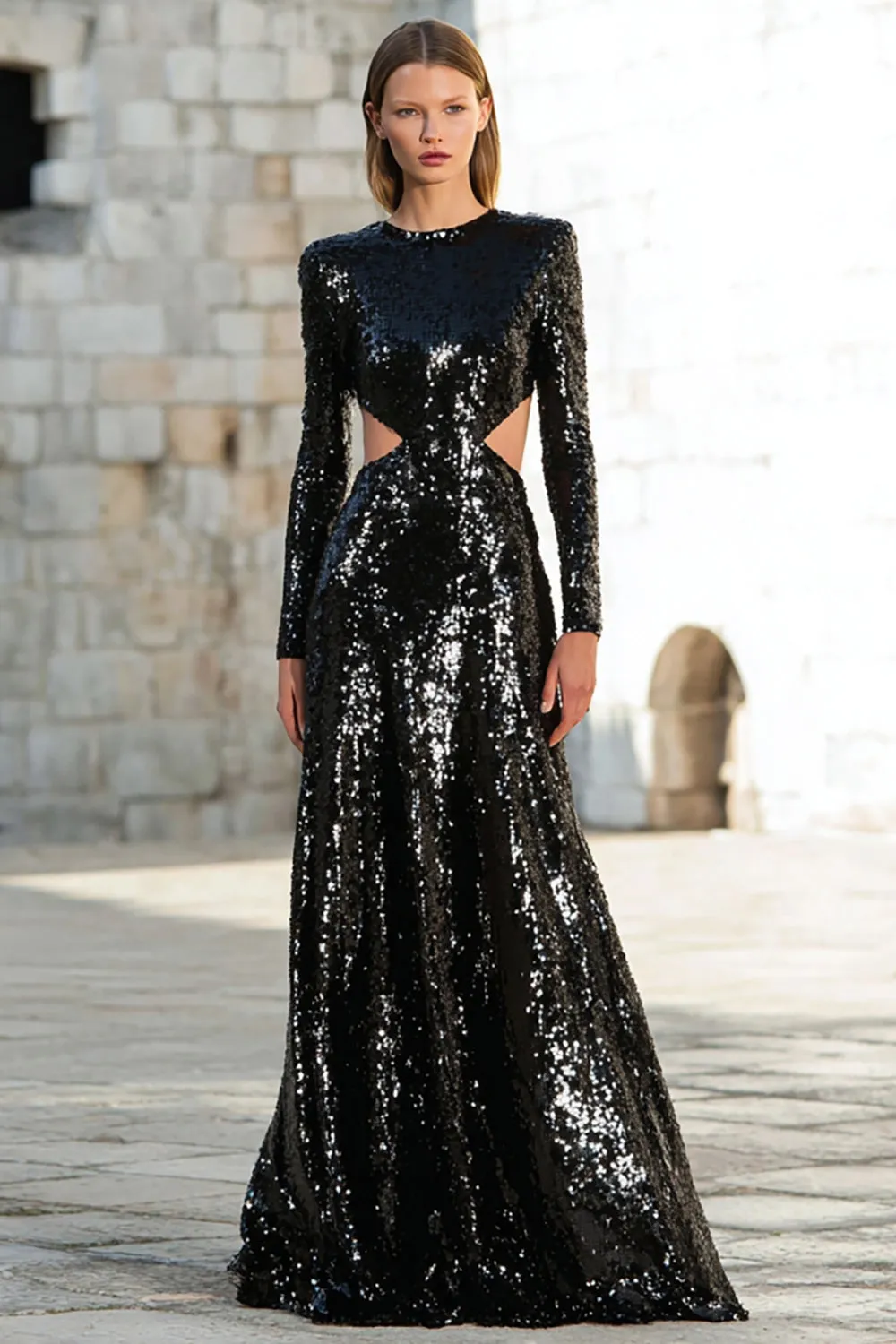 Sparkly Black A-Line Cut Out Sequins Gala Dress with Long Sleeves sold by Wedtrend