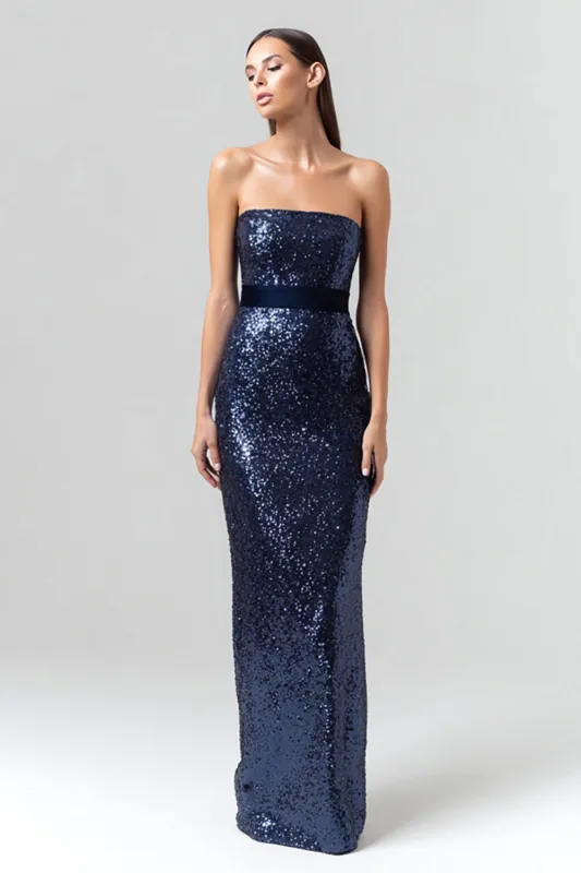 Sparkly Navy Strapless Sheath Maxi Evening Dress with Sequins sold by Wedtrend