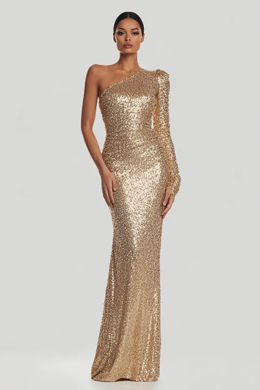 Sparkly Gold Sequins One Shoulder Sheath Maxi Gala Dress made by Wedtrend