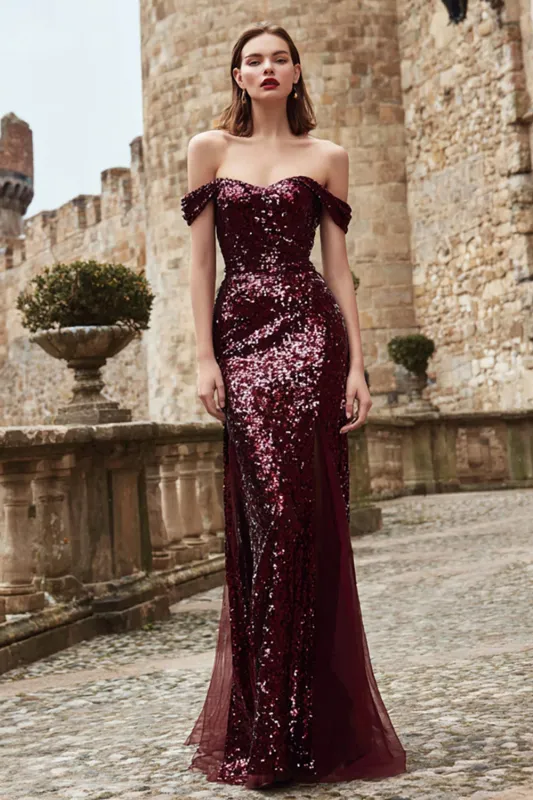 Sparkly Burgundy Sheath Off The Shoulder Sequins Maxi Gala Dress sold by Wedtrend