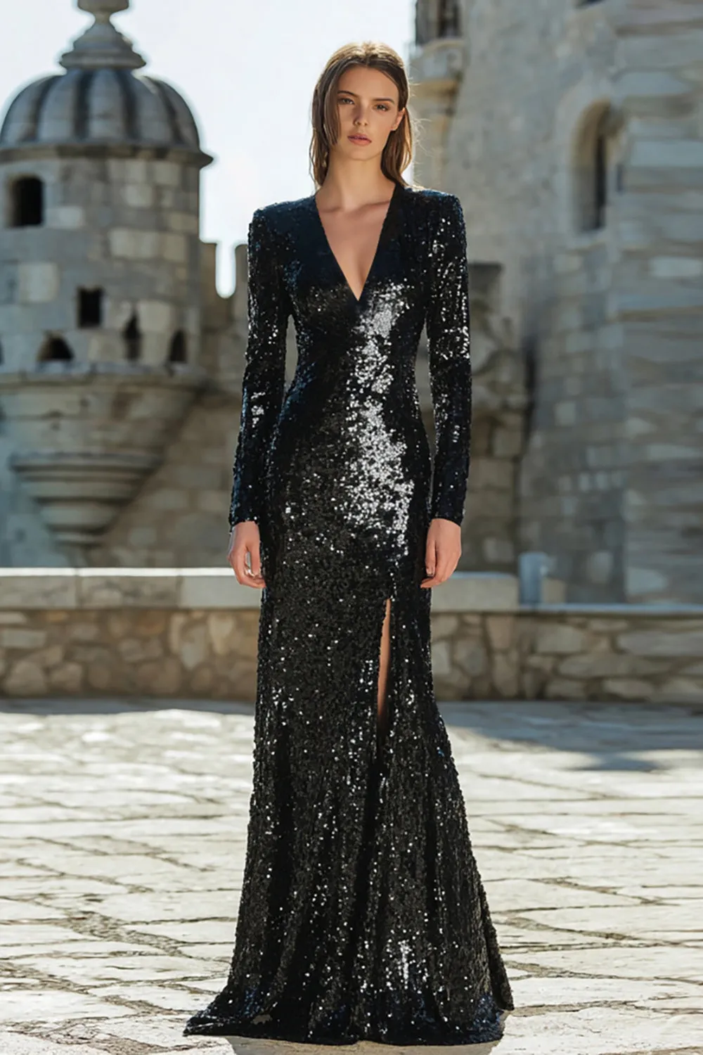 Sparkly Black Sheath Long Sleeves Maxi Gala Dress with Slit sold by Wedtrend