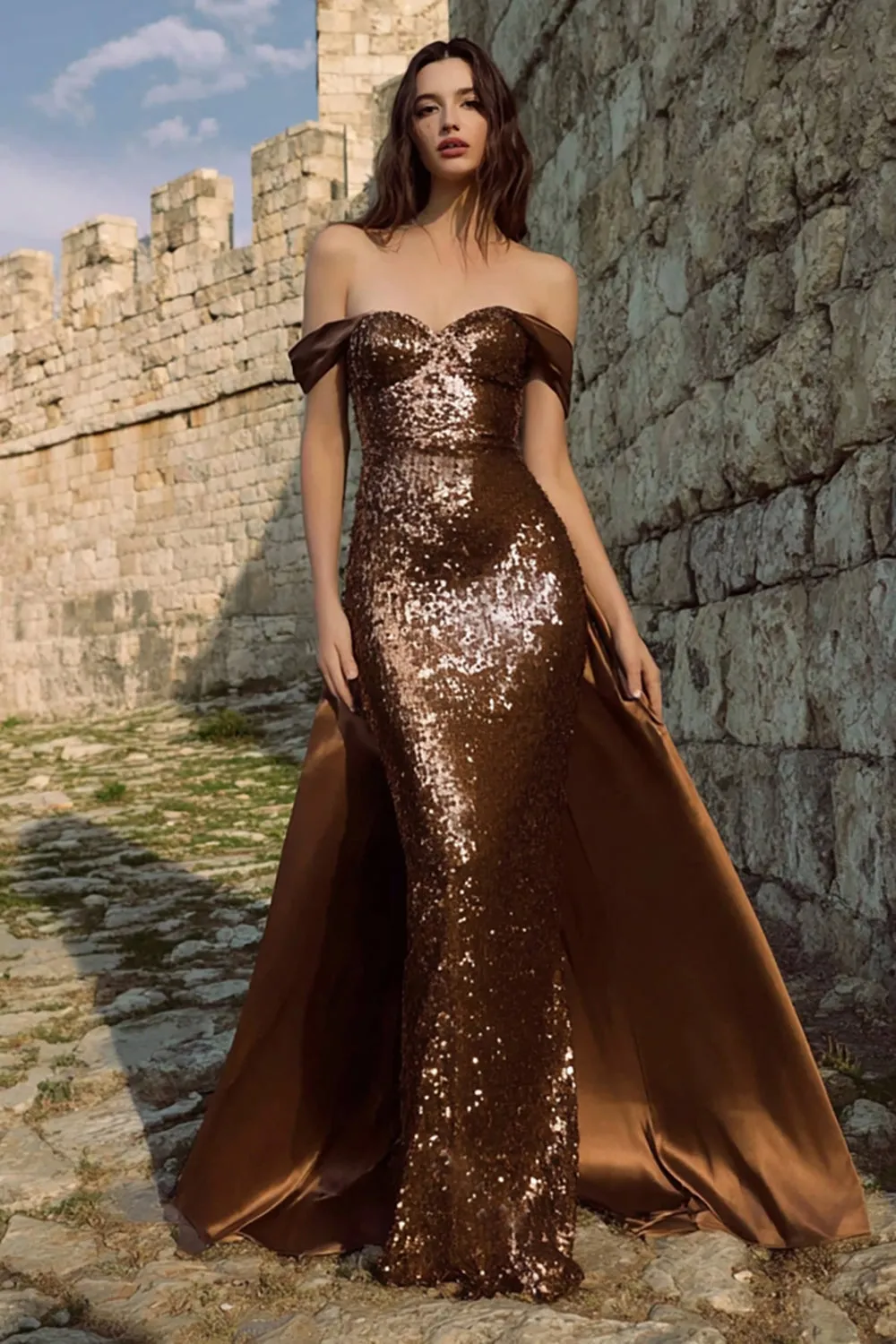 Sparkly Brown Off The Shoulder Sheath Sequins Maxi Evening Dress sold by Wedtrend
