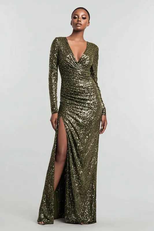 Sparkly Olive Sheath Sequins Long Sleeves Gala Dress with Slit made by Wedtrend
