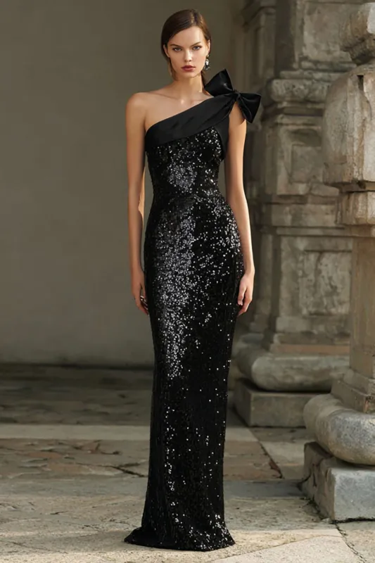 Sparkly Black Sheath One Shoulder Sequins Evening Dress with Bow made by Wedtrend