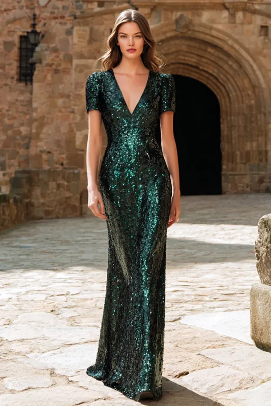 Sparkly Dark Green Sheath V-Neck Long Sequins Party Dress with Short Sleeves made by Wedtrend