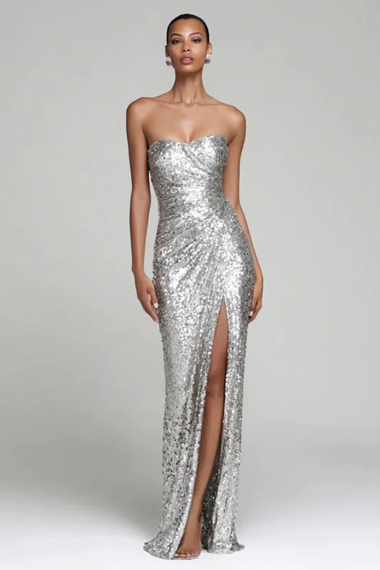 Sparkly Silver Strapless Sheath Sequins Holiday Party Dress with Slit made by Wedtrend