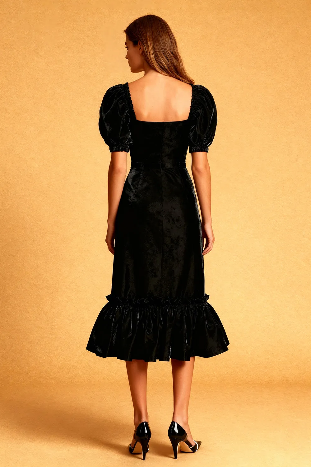 Black A Line Square Neck Velvet Midi Holiday Party Dress with Puff Sleeves sold by Wedtrend product image thumbnail 2