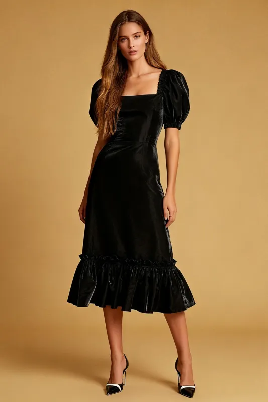 Black A Line Square Neck Velvet Midi Holiday Party Dress with Puff Sleeves sold by Wedtrend