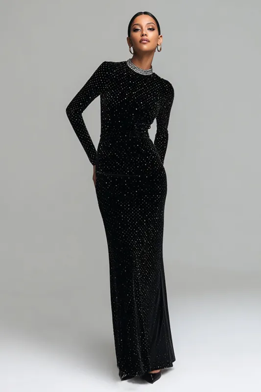 Black Sheath Long Sleeves Velvet Dress with Beading made by Wedtrend