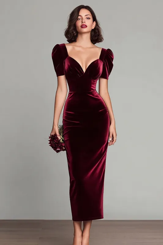 Burgundy Sheath V-Neck Long Velvet Dress with Puff Sleeves sold by Wedtrend