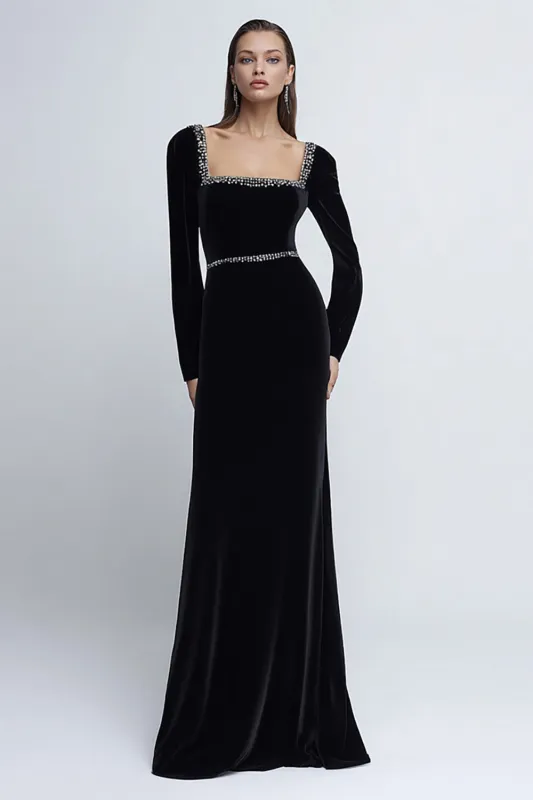 Black Sheath Square Neck Long Sleeves Velvet Dress with Beading sold by Wedtrend