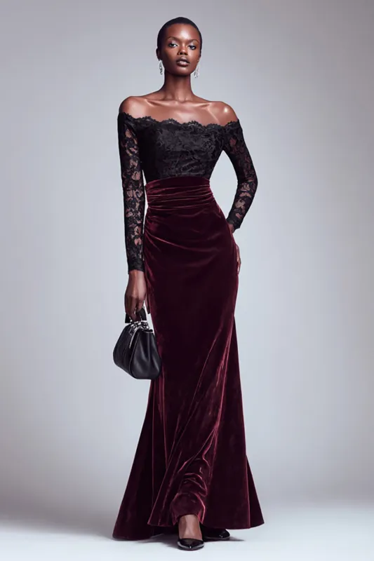 Mermaid Black and Burgundy Off The Shoulder Velvet Dress with Long Sleeves sold by Wedtrend