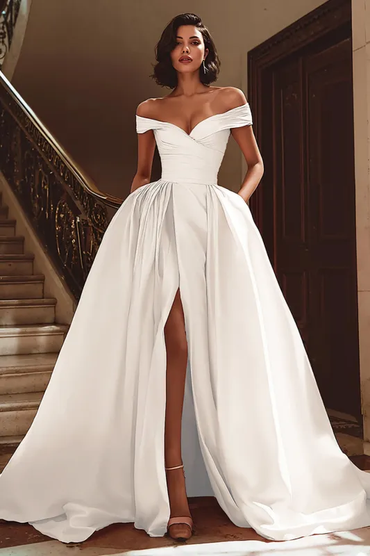 White A Line Off The Shoulder Ruched Long Wedding Dress with Slit sold by Wedtrend