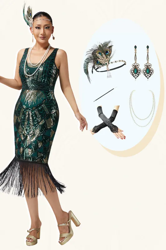 Sparkly Dark Green Bodycon Fringed 1920s Dress with 5-Piece Accessories Set sold by Wedtrend