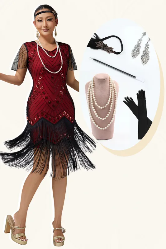 Black Red Beaded Bodycon Fringed 1920s Dress with 5-Piece Accessories Set sold by Wedtrend