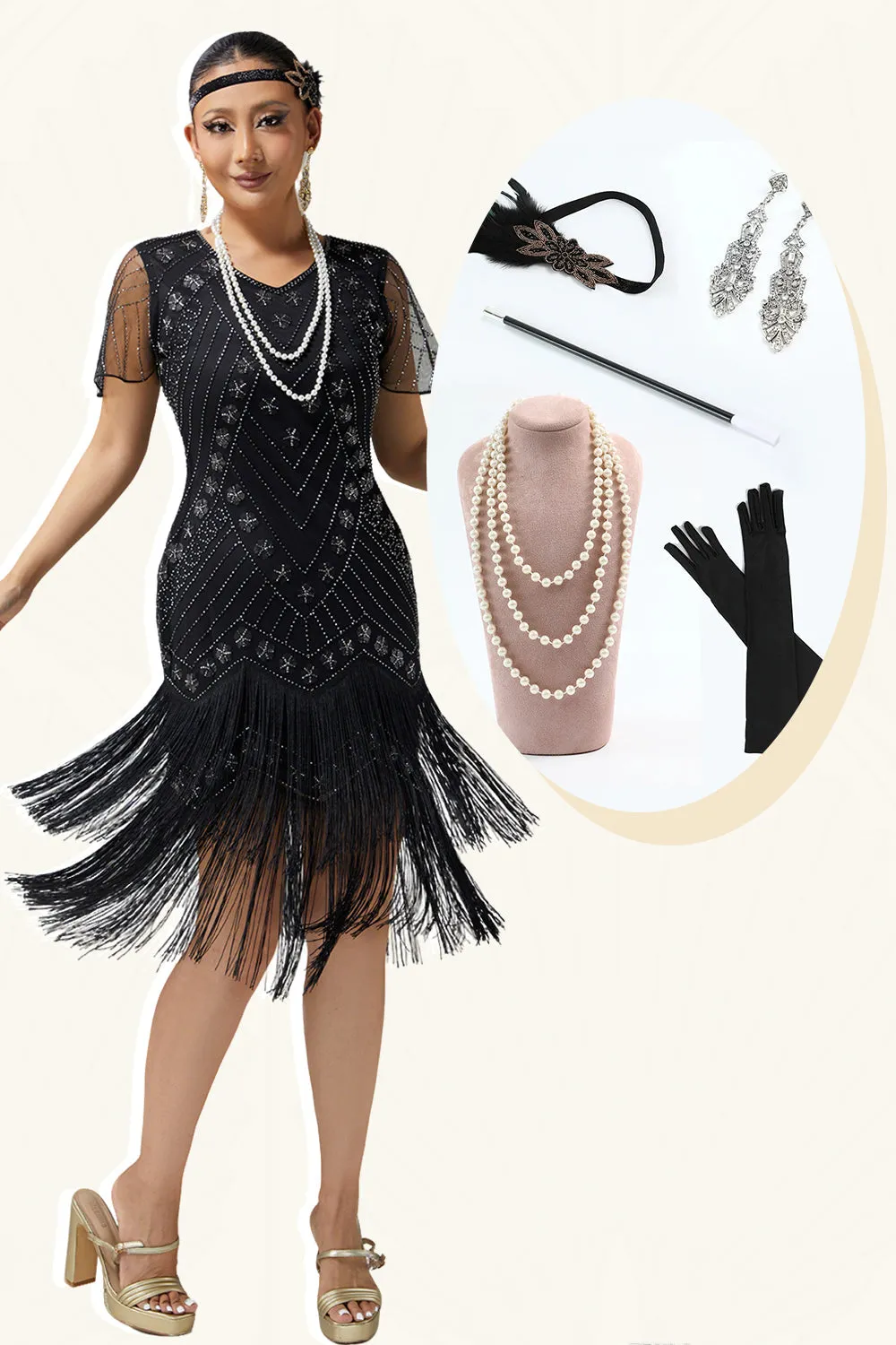 Black Silver Fringed Bodycon Beaded 1920s Dress with 5-Piece Accessories Set sold by Wedtrend