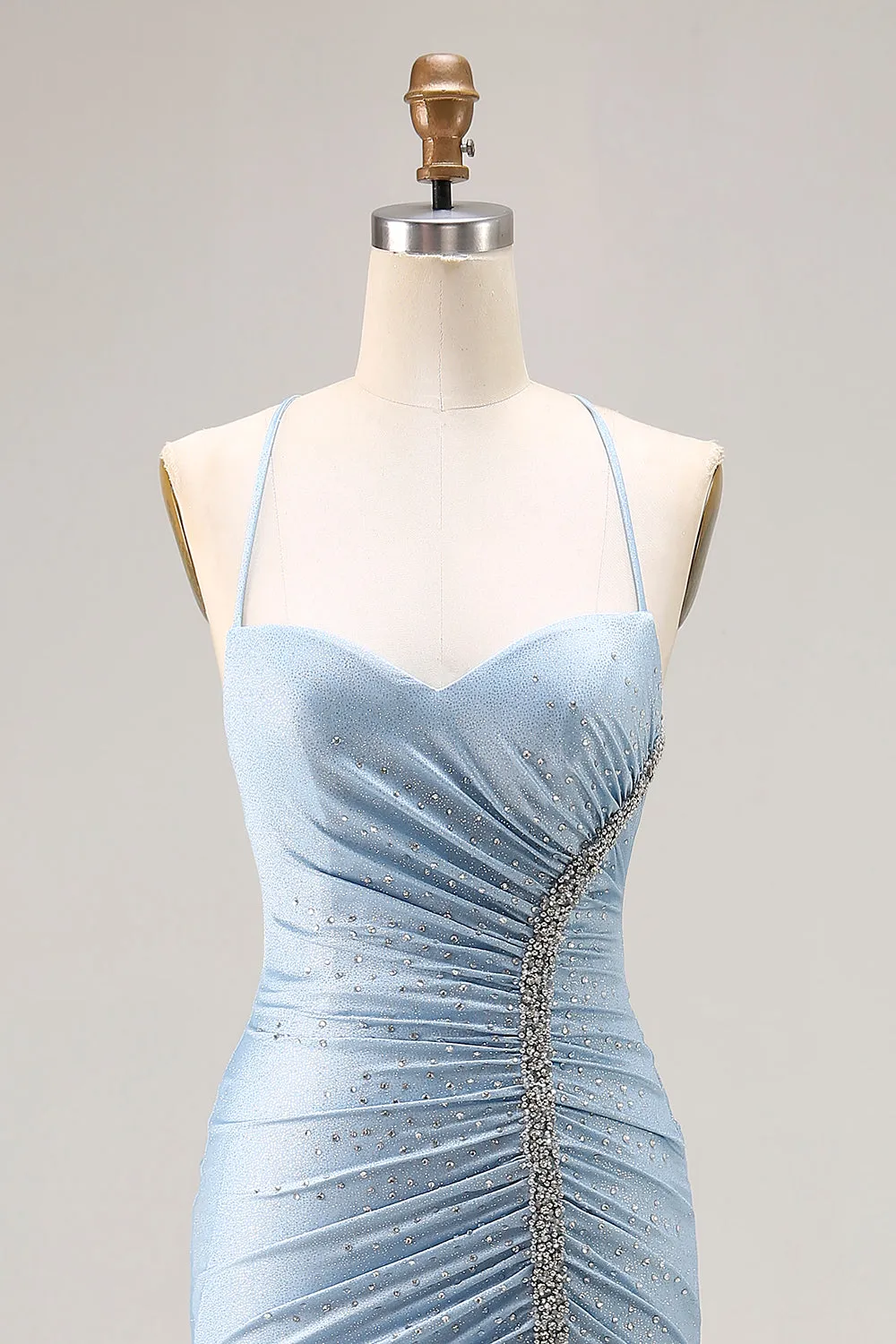 Light Blue Mermaid Ruched Lace Up Back Beaded Long Prom Dress with Slit sold by Wedtrend product image thumbnail 4