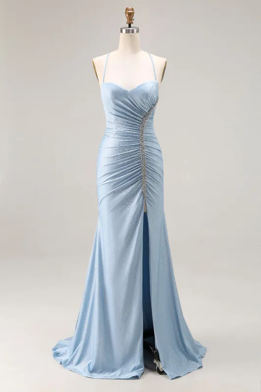 Light Blue Mermaid Ruched Lace Up Back Beaded Long Prom Dress with Slit made by Wedtrend