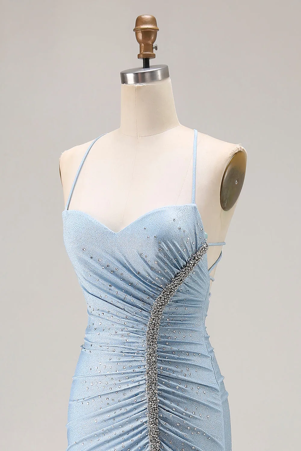 Light Blue Mermaid Ruched Lace Up Back Beaded Long Prom Dress with Slit sold by Wedtrend product image thumbnail 5