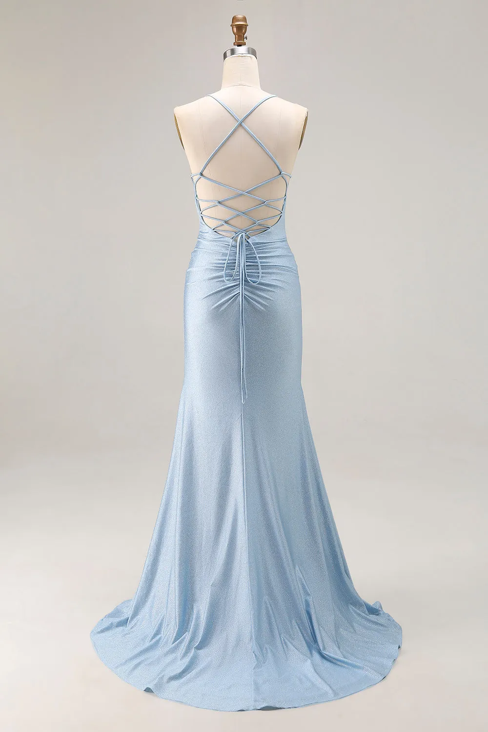 Light Blue Mermaid Ruched Lace Up Back Beaded Long Prom Dress with Slit sold by Wedtrend product image thumbnail 2