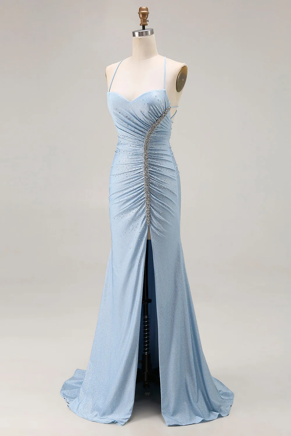 Light Blue Mermaid Ruched Lace Up Back Beaded Long Prom Dress with Slit sold by Wedtrend product image thumbnail 3