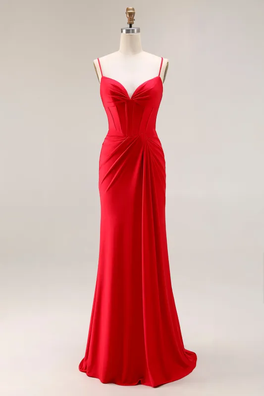 Red Mermaid Spaghetti Straps Ruched Corset Satin Long Prom Dress made by Wedtrend
