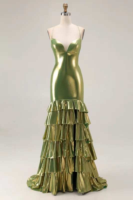 Metallic Gold Mermaid Tiered Tie Back Long Prom Dress with Ruffle Slit made by Wedtrend